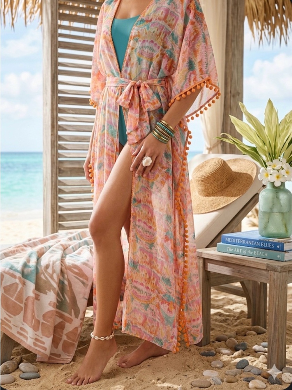 Beach-Ready Peach Multicolor Kimono Cover-Up